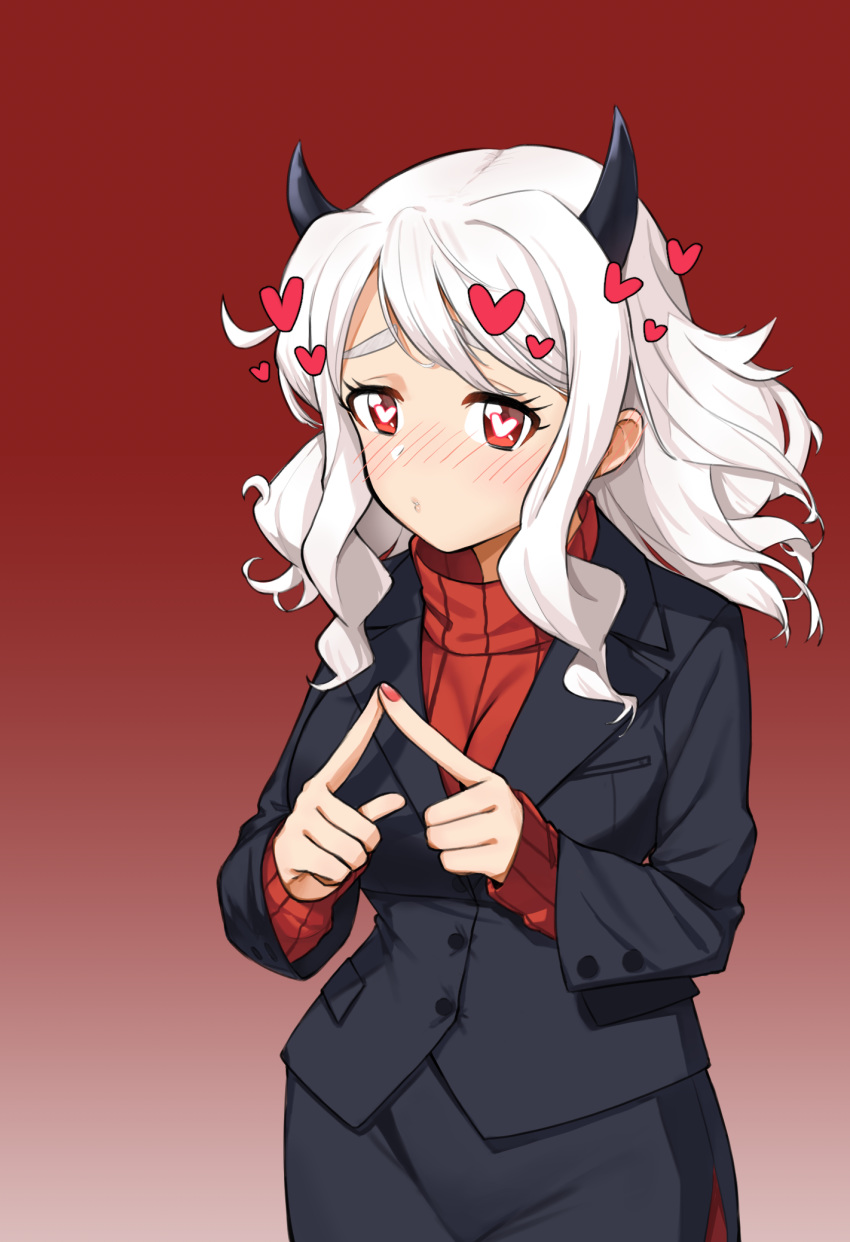 1girl bangs black_horns black_skirt black_suit blush breasts commentary demon_girl demon_horns gradient gradient_background heart heart-shaped_pupils helltaker highres horns large_breasts long_fingers long_hair long_sleeves looking_at_viewer modeus_(helltaker) pencil_skirt red_background red_eyes red_nails red_sweater ribbed_sweater ryunsun9 simple_background skirt solo sweater symbol-shaped_pupils turtleneck white_background white_hair