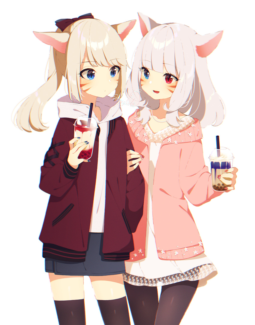 2girls animal_ears arm_grab artist_name black_border black_legwear black_skirt blue_eyes blue_nails border bow bubble_tea closed_mouth commentary commission contemporary cup disposable_cup dress drinking_straw eyebrows_visible_through_hair final_fantasy final_fantasy_xiv hair_bow hand_in_pocket heterochromia highres holding holding_cup hood hood_down hoodie jacket long_sleeves looking_at_another mamyouda medium_hair miniskirt mithra multiple_girls nail_polish open_clothes open_jacket open_mouth original pantyhose pink_jacket ponytail red_eyes red_jacket red_nails shirt short_dress signature silver_hair skirt slit_pupils smile standing thigh-highs whisker_markings white_dress white_shirt