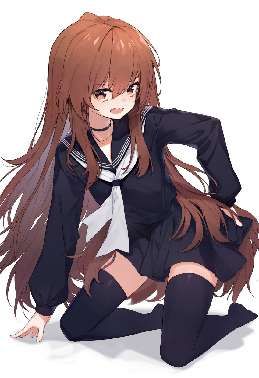 1girl absurdres aisaka_taiga arm_support bangs black_legwear black_serafuku black_skirt blush brown_eyes brown_hair choker collarbone commentary fang full_body highres kneeling leaning_to_the_side lo-ta long_hair long_sleeves looking_at_viewer neckerchief oohashi_high_school_uniform open_mouth pleated_skirt sailor_collar school_uniform serafuku shadow sidelocks skirt solo thigh-highs toradora! white_background white_neckwear zettai_ryouiki