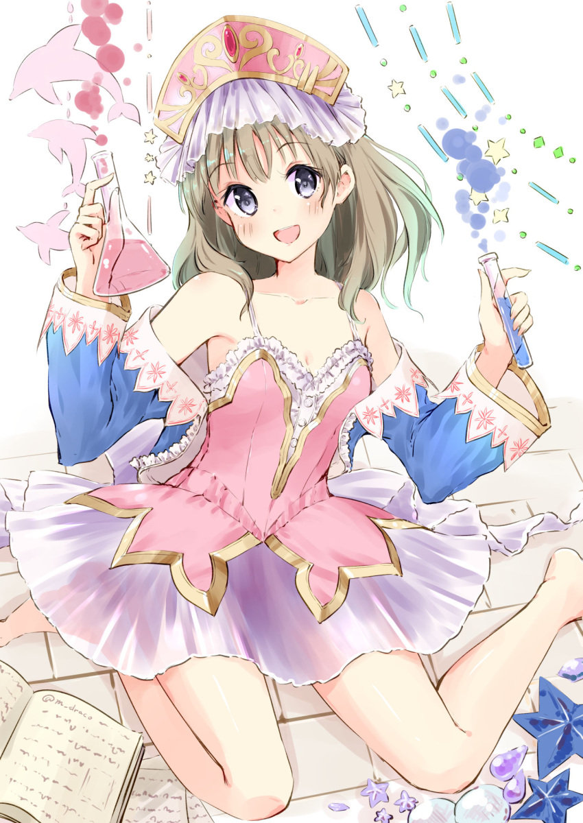 1girl atelier_(series) atelier_totori bare_legs bare_shoulders blue_sleeves blush book clip_studio_paint_(medium) detached_sleeves flask headdress highres light_brown_hair long_hair minidraco open_book open_mouth potion see-through sitting skirt sleeves_past_wrists smile solo test_tube totooria_helmold violet_eyes wariza