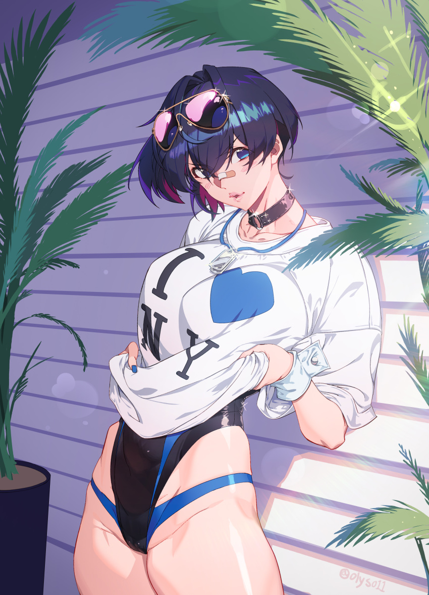 1girl :o absurdres aviator_sunglasses blue_eyes blue_hair choker collarbone day eyewear_on_head hair_between_eyes hair_intakes highres lips looking_at_viewer olys one-piece_swimsuit original panties_under_swimsuit plant potted_plant shirt_lift solo standing sunglasses swimsuit tagme