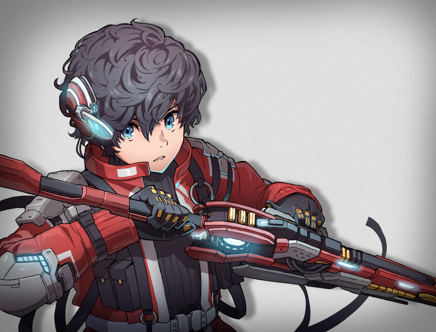1boy belt black_gloves black_hair blue_eyes gloves hair_between_eyes headgear highres holding holding_sword holding_weapon jacket male_focus original parted_lips pouch red_jacket science_fiction solo sword upper_body user_zykz2352 weapon