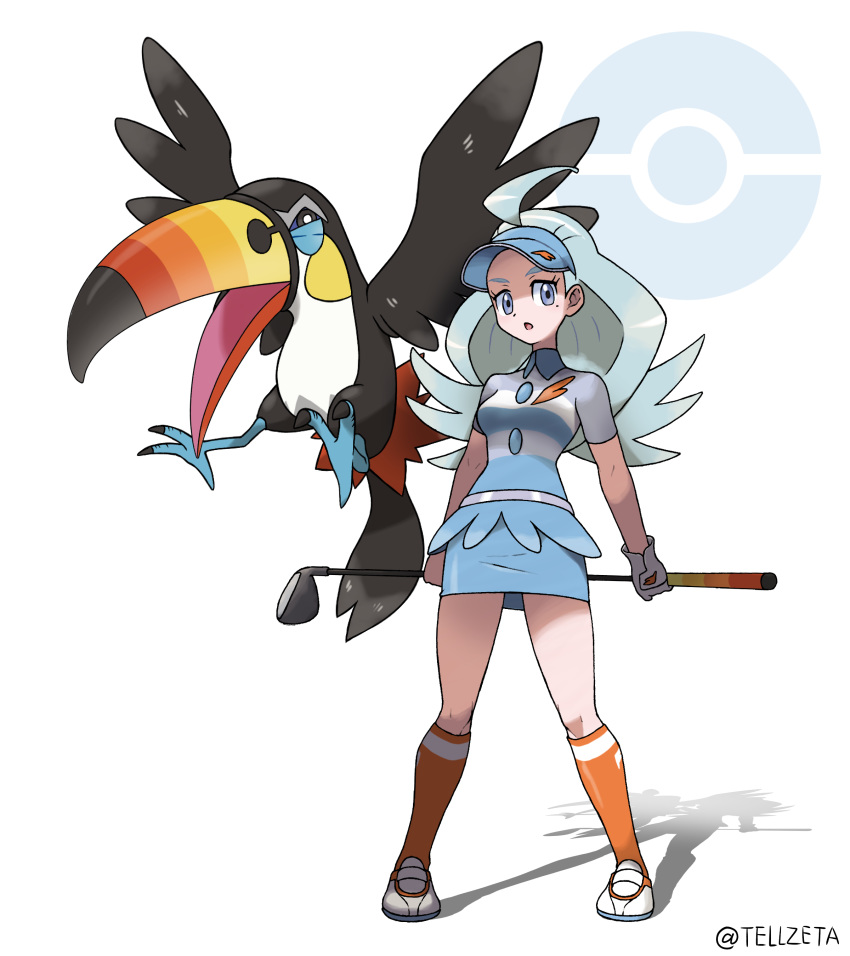 1girl :o absurdres ahoge artist_name blue_headwear breasts collared_shirt commentary_request elite_four gen_7_pokemon golf_club grey_eyes highres holding_golf_club kahili_(pokemon) light_blue_hair long_hair mole mole_under_eye official_style open_mouth orange_legwear poke_ball_symbol pokemon pokemon_(creature) pokemon_(game) pokemon_sm shirt short_sleeves simple_background skirt socks standing striped striped_shirt teru_zeta tongue toucannon visor_cap watermark