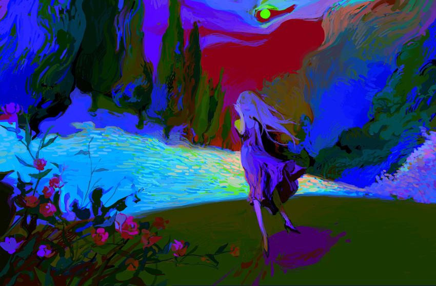 1girl abstract athgil blood closed_eyes clouds cloudy_sky contrast dress flower forest high_heels long_hair moon nature open_mouth original outdoors painttool_sai_(medium) plant purple_flower red_sky sky smile solo tree water