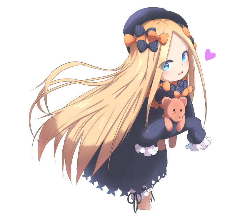 1girl :d abigail_williams_(fate/grand_order) bangs black_bow black_dress black_headwear blonde_hair bloomers blue_eyes blush bow bug butterfly clip_studio_paint_(medium) commentary_request cropped_legs dress eyebrows_visible_through_hair fate/grand_order fate_(series) forehead hair_bow hat heart highres idaten93 insect long_hair long_sleeves looking_at_viewer object_hug open_mouth orange_bow parted_bangs polka_dot polka_dot_bow simple_background sleeves_past_fingers sleeves_past_wrists smile solo stuffed_animal stuffed_toy teddy_bear underwear very_long_hair white_background white_bloomers