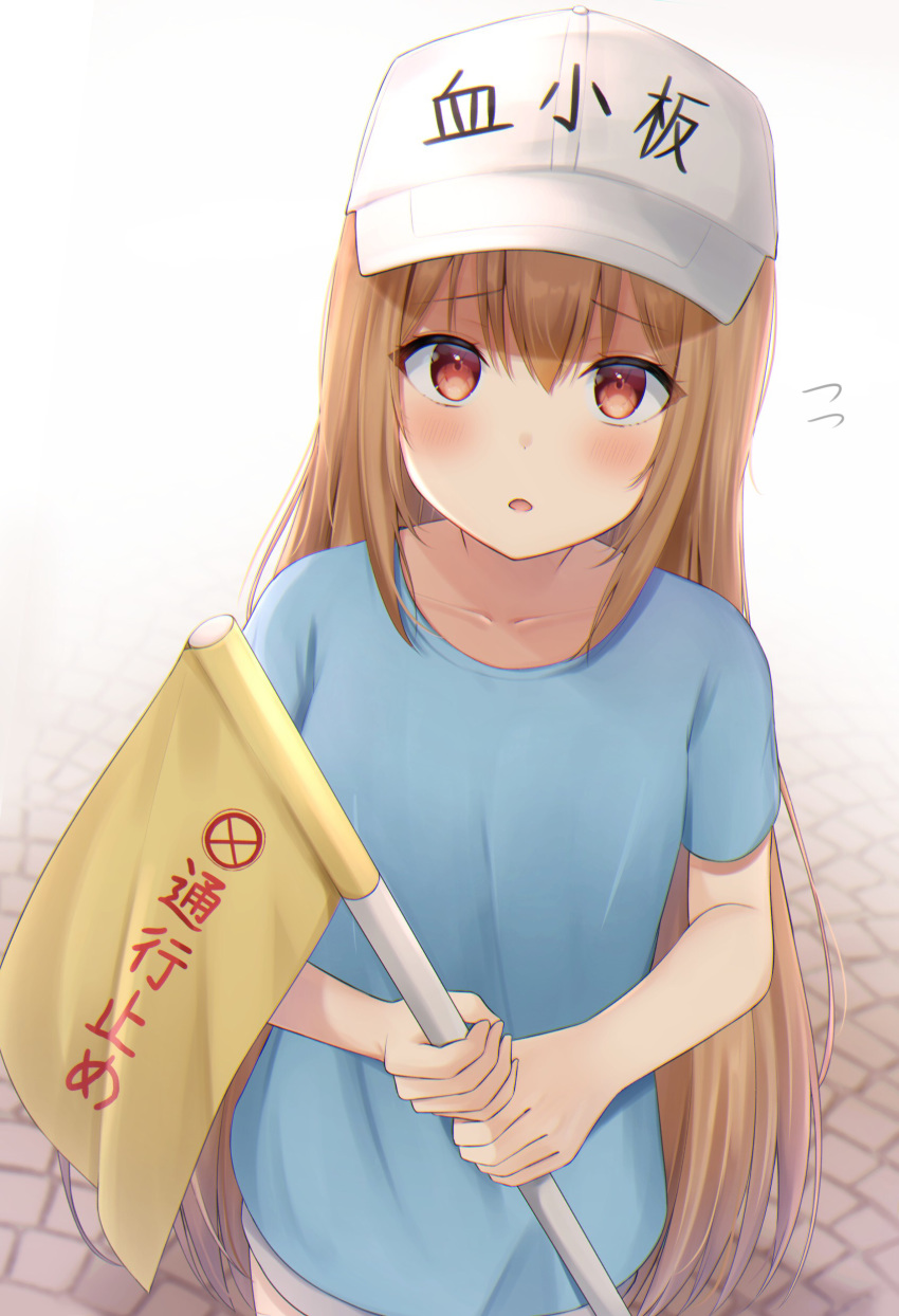 1girl absurdres bangs blue_shirt blush brown_hair clothes_writing collarbone commentary_request eyebrows_visible_through_hair flag flat_cap flying_sweatdrops hair_between_eyes hat hataraku_saibou highres holding holding_flag long_hair looking_at_viewer parted_lips platelet_(hataraku_saibou) red_eyes shirt short_sleeves solo standing translation_request two-handed umineco_1 very_long_hair white_headwear