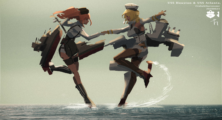 2girls atlanta_(kantai_collection) bangs blonde_hair boots breasts brown_hair character_name closed_eyes dancing dated detached_sleeves from_side full_body garrison_cap harusame_tsubaki hat holding_hands houston_(kantai_collection) kantai_collection long_hair long_sleeves medium_hair multiple_girls ocean open_mouth outdoors profile rigging rudder_footwear signature skirt suspender_skirt suspenders thigh-highs twintails twitter_username water
