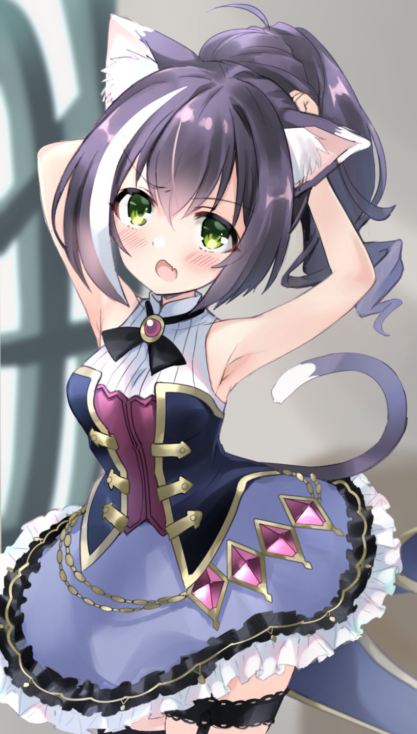 1girl adjusting_hair alternate_hairstyle animal_ear_fluff animal_ears blush cat_ears cat_girl cat_tail commentary_request dress fang green_eyes highres hizuki_yayoi karyl_(princess_connect!) looking_at_viewer multicolored_hair ponytail princess_connect! princess_connect!_re:dive purple_hair sleeveless sleeveless_dress solo streaked_hair tail tail_raised white_hair