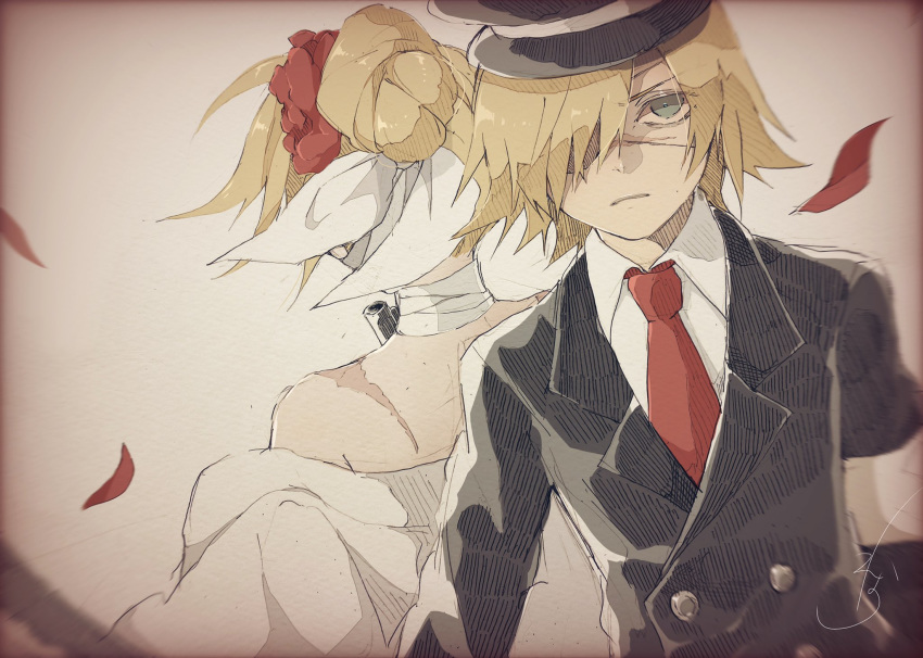 1boy 1girl aqua_eyes back-to-back bare_shoulders black_suit blonde_hair double-breasted facial_scar falling_petals frown gun hair_over_one_eye hat highres kagamine_len kagamine_rin karakuri_manji_burst_(vocaloid) looking_at_viewer military military_hat military_uniform necktie paripariparingo petals red_neckwear scar shirt uniform upper_body v-shaped_eyebrows vignetting vocaloid weapon white_shirt