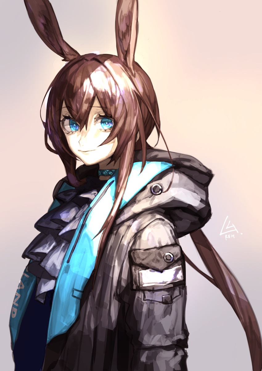 1girl absurdres amiya_(arknights) animal_ears arknights artist_name black_jacket blue_eyes blue_neckwear brown_hair closed_mouth commentary cravat eyelashes grey_background hair_between_eyes highres hood hooded_jacket huge_filesize jacket jewelry long_hair looking_at_viewer neck_ring open_clothes open_jacket ponytail rabbit_ears rem_(hinotomi) signature simple_background solo upper_body