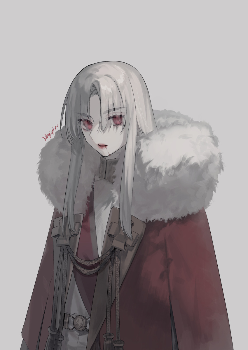 1boy absurdres bishounen blood blood_from_mouth coat eyebrows_visible_through_hair eyes_visible_through_hair florists_daisy fur-trimmed_coat fur_trim grey_background grey_hair highres ivan_iv_(florists_daisy) long_hair male_focus original parted_lips red_eyes red_lips signature simple_background solo upper_body vampire