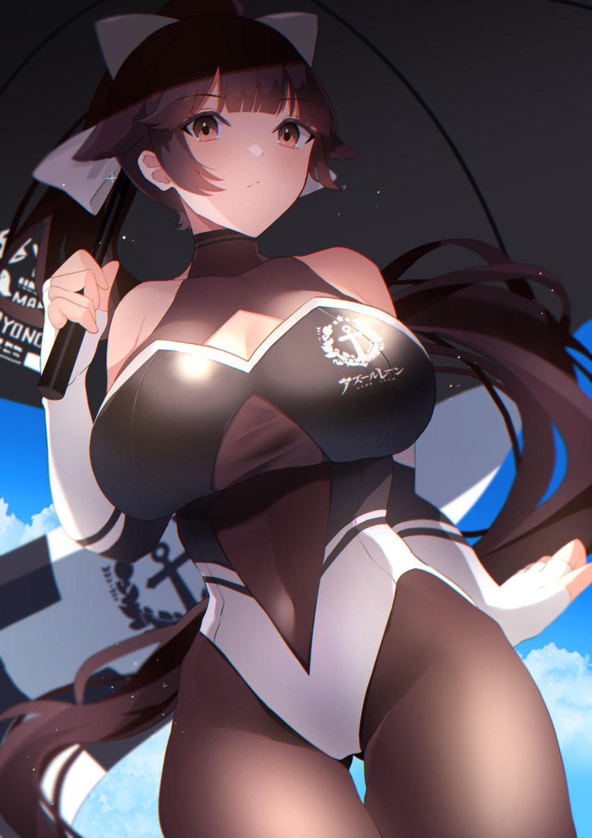 1girl absurdres azur_lane bangs bare_shoulders black_bodysuit black_hair blue_sky blunt_bangs bodysuit bow breasts brown_eyes checkered checkered_flag closed_mouth clouds commentary_request covered_navel fingerless_gloves flag from_below gloves hair_flaps highres holding holding_umbrella large_breasts leotard multicolored_leotard outdoors racequeen sanba_tsui sky takao_(azur_lane) takao_(full_throttle_charmer)_(azur_lane) two-tone_leotard umbrella white_bow white_gloves