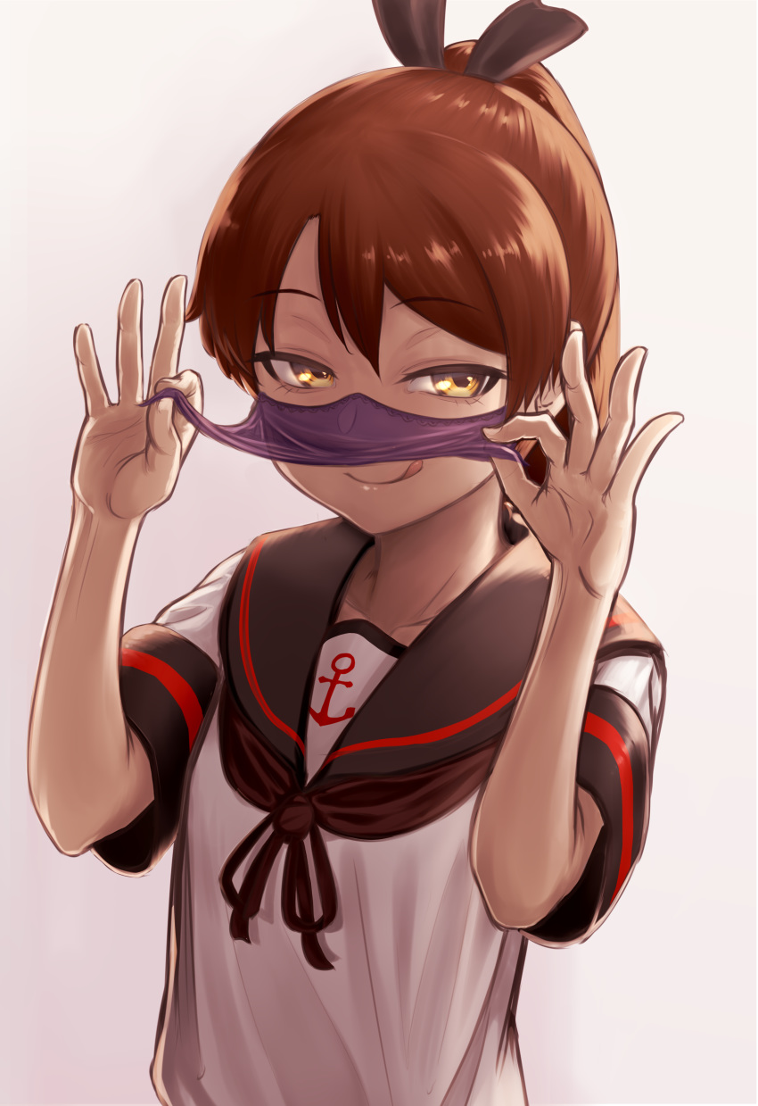 1girl absurdres anchor_symbol black_sailor_collar brown_hair commentary_request highres kantai_collection lifted_by_self looking_at_viewer mouth_veil ohazuke ponytail remodel_(kantai_collection) sailor_collar sailor_shirt school_uniform serafuku shikinami_(kantai_collection) shirt short_hair simple_background smile solo upper_body veil_lift white_background