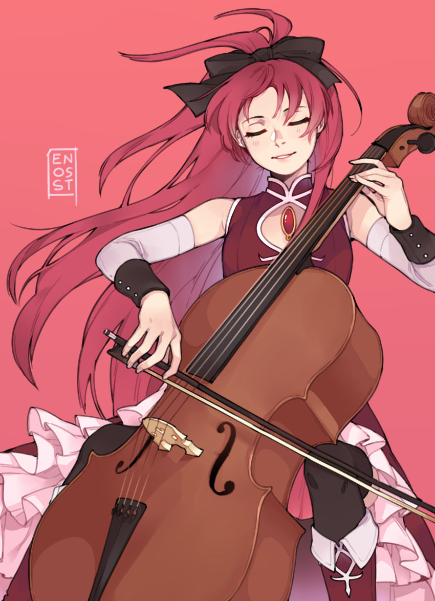 absurdres black_legwear boots closed_eyes detached_sleeves double_bass enosst highres instrument knee_boots long_hair magical_girl mahou_shoujo_madoka_magica music parted_lips playing_instrument ponytail red_background red_footwear redhead sakura_kyouko sitting smile solo soul_gem thigh-highs zettai_ryouiki