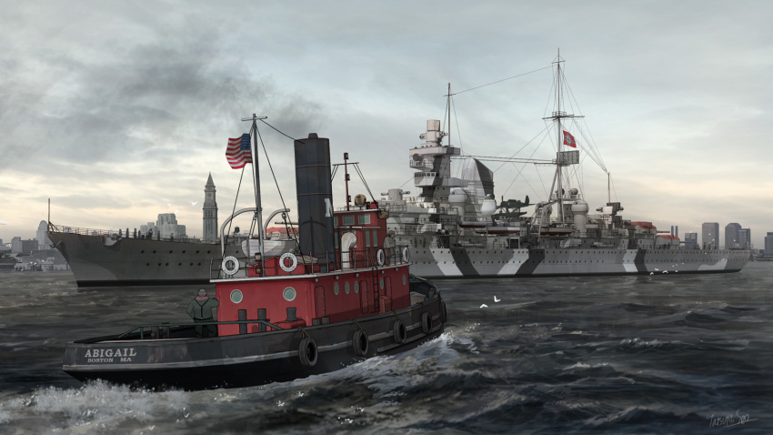 aircraft american_flag boat camouflage cityscape day heavy_cruiser highres imperial_german_flag kriegsmarine mast military military_vehicle no_humans original outdoors prinz_eugen_(cruiser) scenery seo_tatsuya ship smoke smokestack tugboat turret warship water watercraft