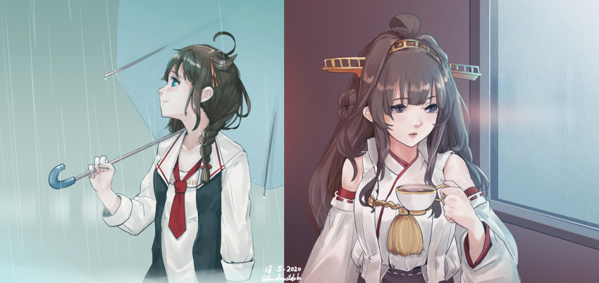 2girls ahoge aqua_eyes black_hair breasts brown_hair cup dated detached_sleeves double_bun fuwafuwatoufu hair_flaps headgear highres kantai_collection kongou_(kantai_collection) large_breasts multiple_girls nontraditional_miko parted_lips rain remodel_(kantai_collection) shigure_(kantai_collection) sidelocks sleeves_rolled_up small_breasts smile steam tea teacup twitter_username umbrella violet_eyes