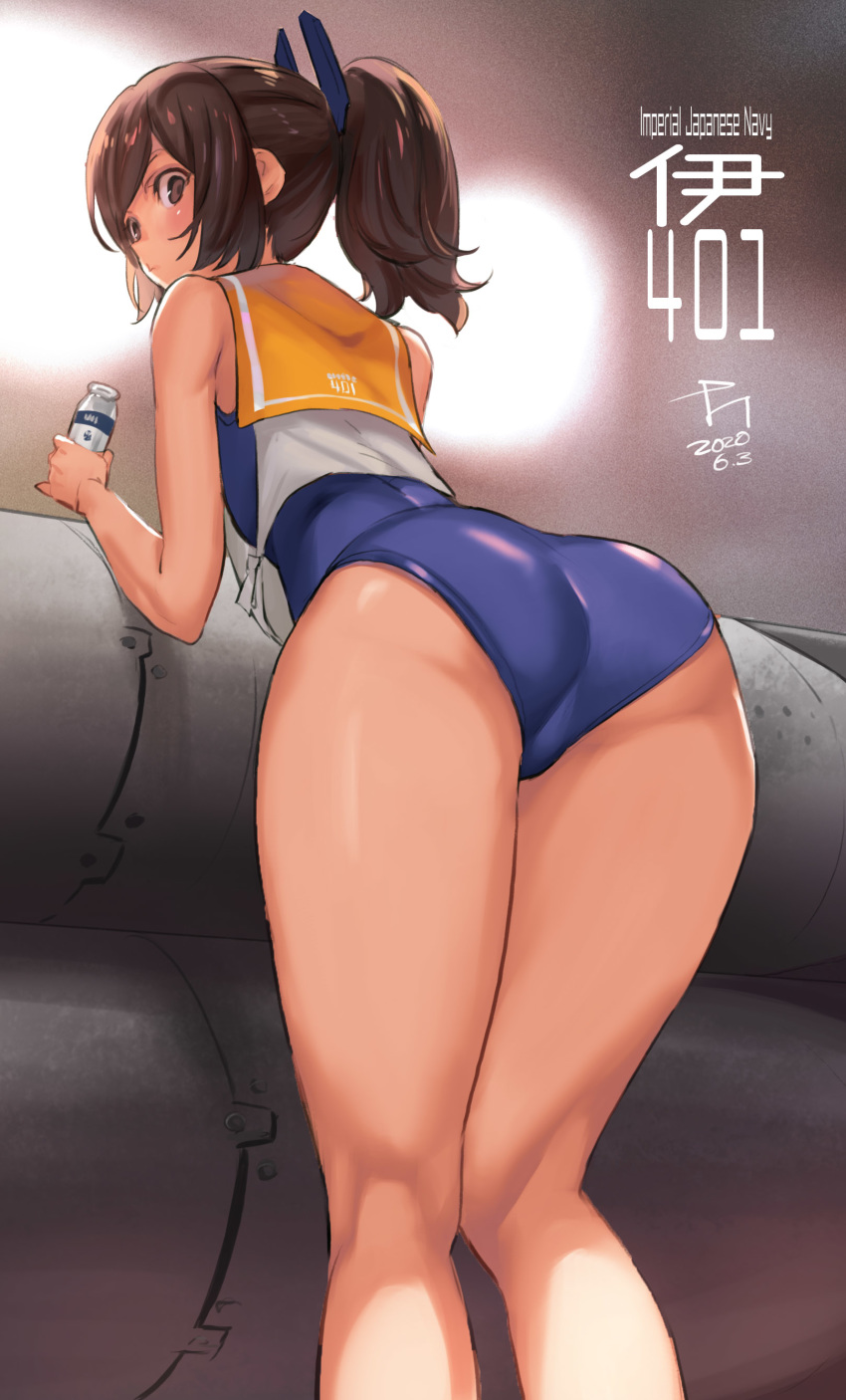 1girl absurdres ass bangs blue_swimsuit brown_eyes brown_hair character_name closed_mouth clothes_writing dated from_behind hair_ornament hairclip harusame_tsubaki head_tilt highres holding i-401_(kantai_collection) kantai_collection one-piece_swimsuit orange_sailor_collar ponytail sailor_collar school_swimsuit signature solo swimsuit swimsuit_under_clothes thighs