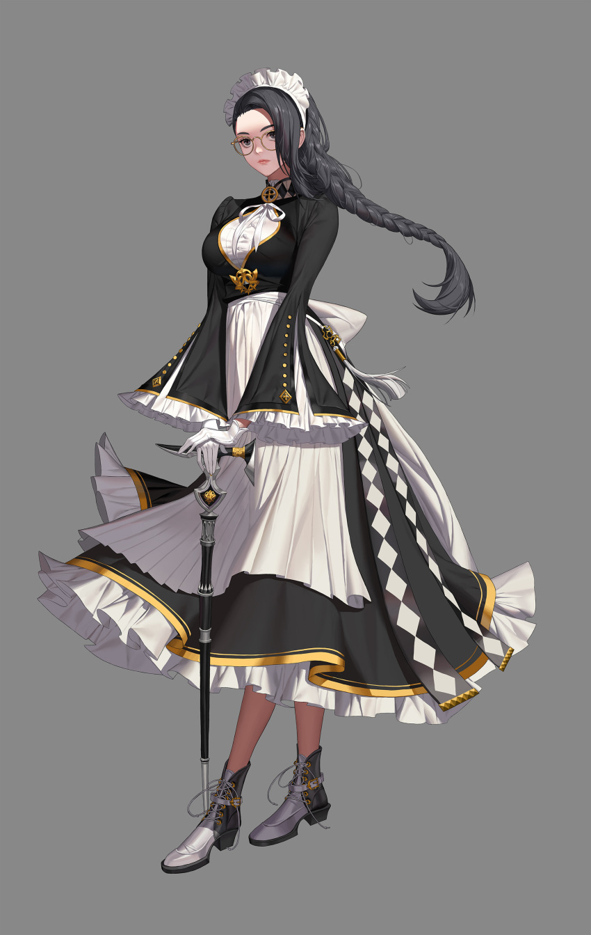 1girl absurdres apron arm_support black_dress black_hair boots braid breasts closed_mouth dress frills full_body gatan glasses gloves grey_background grey_eyes grey_footwear high_heel_boots high_heels highres holding holding_weapon large_breasts long_braid long_dress long_hair maid maid_apron maid_dress maid_headdress original single_braid single_sidelock standing weapon white_gloves white_neckwear wide_sleeves