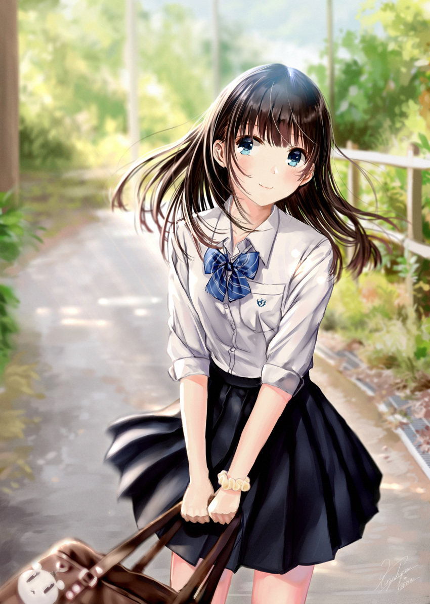 1girl bag bag_charm bangs black_hair black_skirt blue_bow blue_eyes blurry blurry_background bow charm_(object) closed_mouth collared_shirt commentary_request day depth_of_field diagonal_stripes dress_shirt eyebrows_visible_through_hair fence highres holding holding_bag kazuharu_kina long_hair original outdoors plant pleated_skirt road school_bag school_uniform shirt skirt smile solo striped striped_bow white_shirt