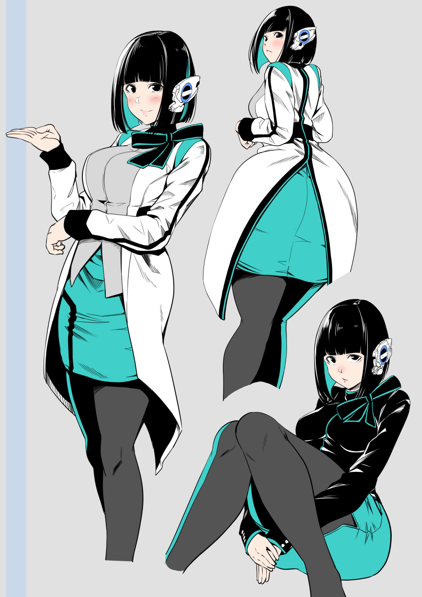 1girl absurdres ass black_eyes black_hair black_hoodie hands_under_legs highres humagear_headphones is_(kamen_rider_01) kamen_rider kamen_rider_01_(series) lee_brocco looking_back multiple_views pencil_skirt pout pouty_lips skirt