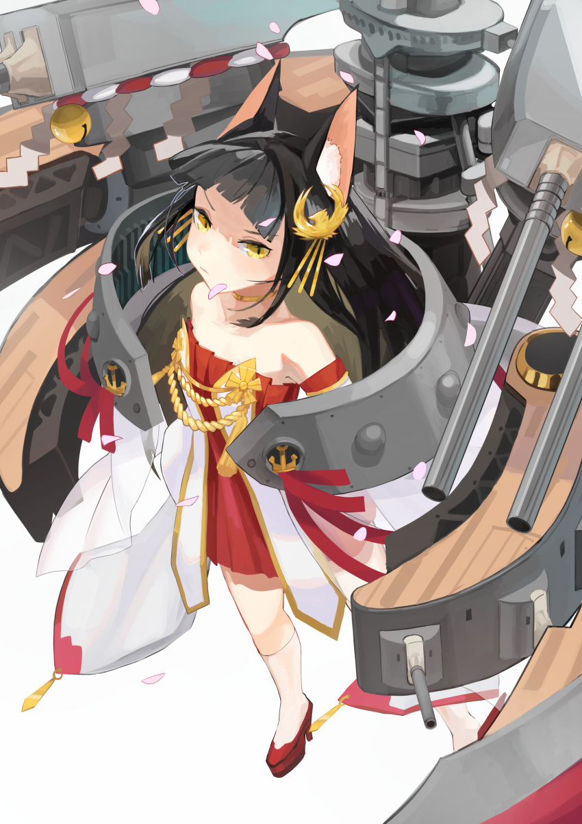 1girl absurdres aiguillette animal_ear_fluff animal_ears aoiro_(t_aoiro123) azur_lane bangs bare_shoulders bell black_hair cherry_blossoms closed_mouth detached_sleeves dress flat_chest fox_ears hair_ornament high_heels highres jewelry jingle_bell kneehighs legs_apart long_hair long_sleeves nagato_(azur_lane) neck_ring petals red_dress red_footwear rigging rope see-through shide shimenawa short_dress simple_background solo standing strapless strapless_dress tassel turret v-shaped_eyebrows white_background white_legwear yellow_eyes
