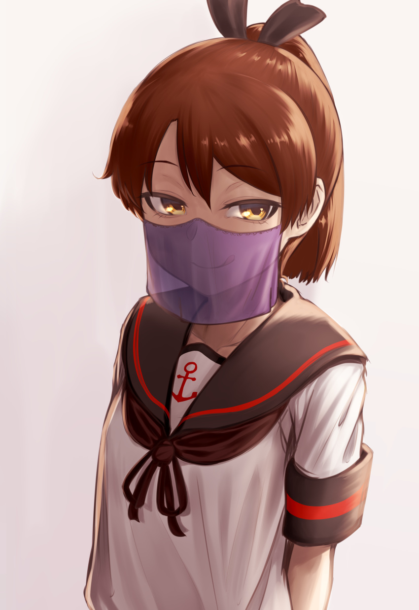 1girl absurdres anchor_symbol black_sailor_collar brown_hair commentary_request highres kantai_collection looking_at_viewer mouth_veil ohazuke ponytail remodel_(kantai_collection) sailor_collar sailor_shirt school_uniform serafuku shikinami_(kantai_collection) shirt short_hair simple_background smile solo upper_body white_background