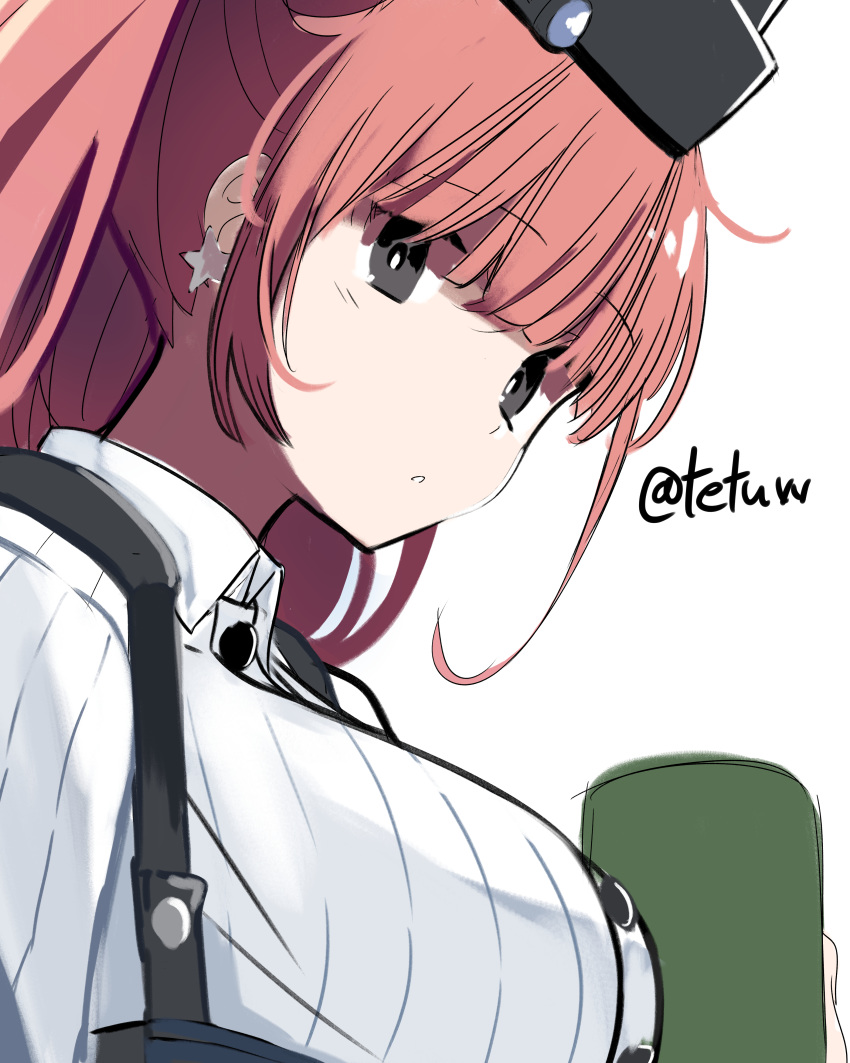 1girl absurdres atlanta_(kantai_collection) black_headwear breasts brown_hair buttons earrings eyebrows_visible_through_hair garrison_cap grey_eyes hat highres jewelry kantai_collection large_breasts long_hair long_sleeves shirt simple_background solo star_(symbol) star_earrings suspenders tetuw twitter_username two_side_up white_background white_shirt