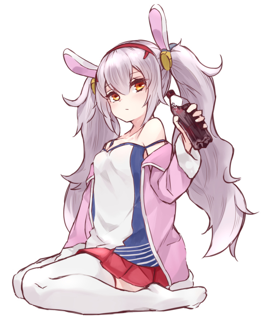 1girl absurdres animal_ears azur_lane bangs bottle camisole closed_mouth cola eyebrows_visible_through_hair fake_animal_ears full_body hair_between_eyes highres holding holding_bottle jacket laffey_(azur_lane) long_hair long_sleeves no_shoes off_shoulder open_clothes open_jacket pink_jacket pleated_skirt rabbit_ears red_skirt simple_background sitting skirt solo strap_slip ta938_ka23 thigh-highs twintails white_background white_hair white_legwear yellow_eyes