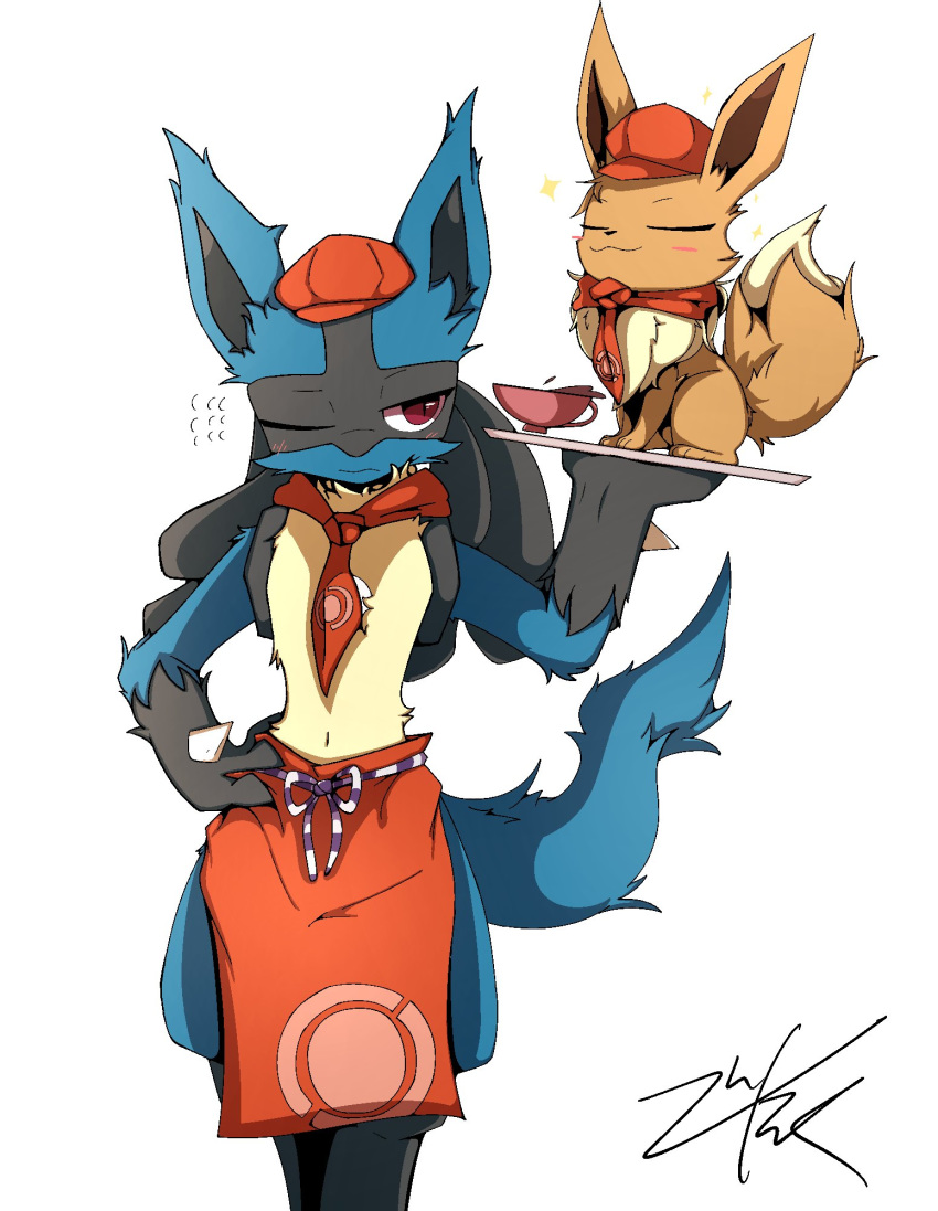 1boy :3 animal_ears apron artist_name blush blush_stickers cabbie_hat closed_eyes closed_mouth clothed_pokemon cup drink eevee english_commentary flying_sweatdrops full_body furry gen_1_pokemon gen_4_pokemon half-closed_eye hand_on_hip hand_up happy hat highres holding knox_is_not_dead light_blush looking_at_another looking_to_the_side lucario male_focus navel neckerchief no_humans one_eye_closed poke_ball_symbol poke_ball_theme pokemon pokemon_(creature) pokemon_(game) pokemon_cafe_mix red_eyes red_headwear red_neckwear ribbon signature simple_background sitting smile smug sparkle spikes standing stomach tail tea teacup tray white_background wolf_ears wolf_tail