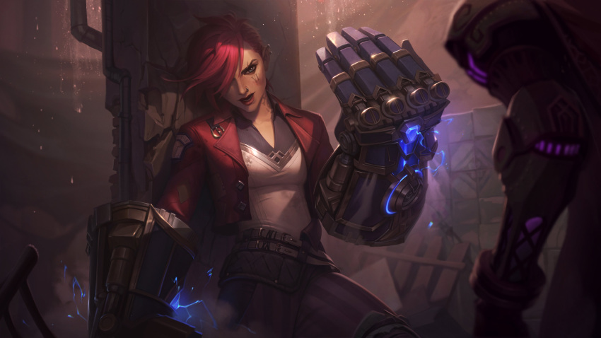 1girl absurdres arcane:_league_of_legends blue_eyes breasts cropped_jacket ear_piercing eyebrow_cut facial_tattoo facing_viewer gauntlets highres jacket jessica_oyhenart league_of_legends lips medium_breasts neck_tattoo nose_piercing open_clothes open_jacket open_mouth piercing pink_hair red_lips short_hair solo_focus tattoo undercut vi_(league_of_legends)