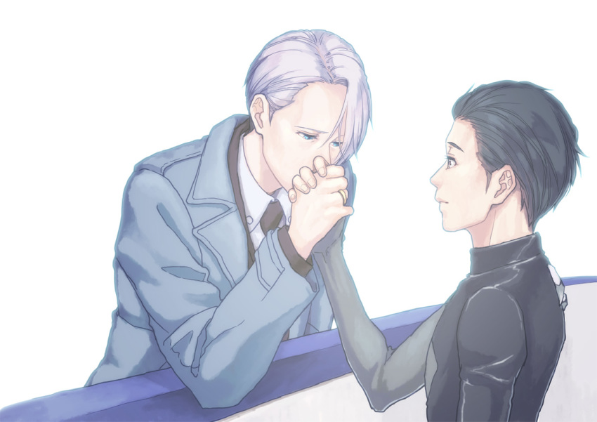 2boys black_hair blue_eyes brown_eyes coat collared_shirt hair_slicked_back holding_hands jewelry katsuki_yuuri male_focus multiple_boys necktie ring shirt silver_hair t3_(19841230) viktor_nikiforov yaoi yuri!!!_on_ice