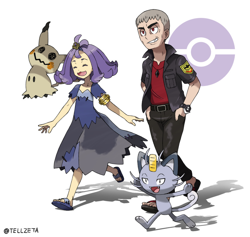 1boy 1girl :3 acerola_(pokemon) alolan_form alolan_meowth armlet artist_name closed_eyes commentary_request dress eyelashes feet flip-flops gen_7_pokemon grey_hair hair_ornament highres island_kahuna jacket kuchinashi_(pokemon) mimikyu open_mouth pants poke_ball_symbol pokemon pokemon_(creature) pokemon_(game) pokemon_sm purple_hair red_eyes sandals shirt short_hair short_sleeves simple_background smile stitches teru_zeta toes topknot walking watermark white_background