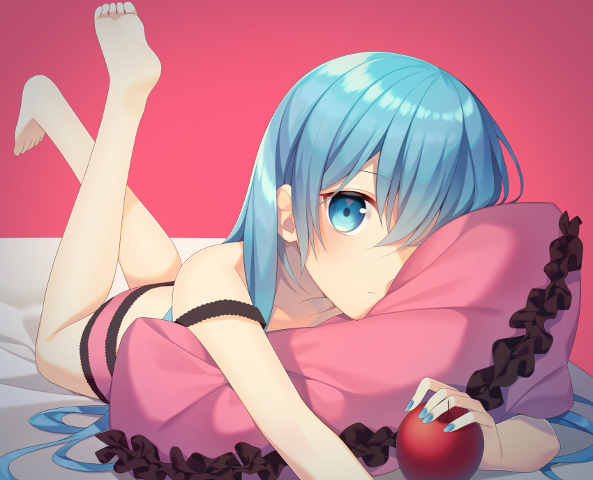 1girl apple aqua_eyes aqua_hair collarbone commentary expressionless food frilled_shorts frills fruit hatsune_miku highres holding holding_food holding_fruit legs_up long_hair looking_at_viewer lying nail_polish on_stomach one_eye_covered pillow pillow_hug pink_background romeo_to_cinderella_(vocaloid) shorts sleepwear tsumiki0326 very_long_hair vocaloid