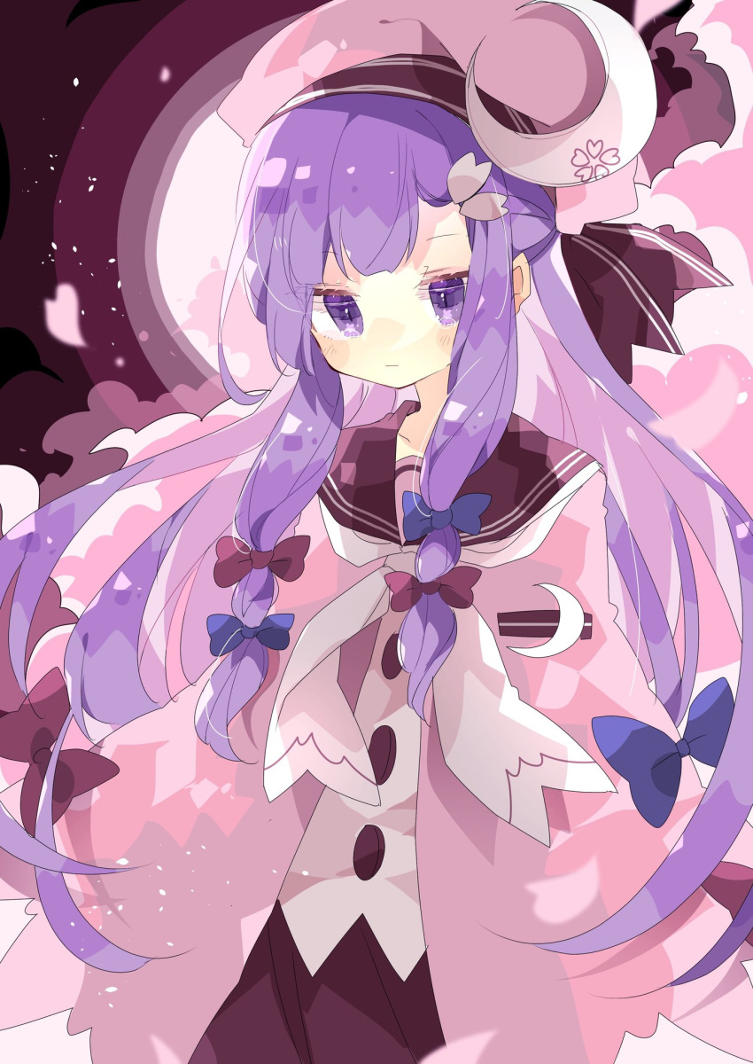 1girl adapted_costume blue_bow bow capelet cherry_blossom_print cherry_blossoms crescent crescent_hair_ornament dress floral_print hair_bow hair_ornament hairclip highres long_hair nikorashi-ka patchouli_knowledge pink_headwear purple_hair red_background red_bow red_dress sailor_collar shirt solo touhou upper_body violet_eyes white_neckwear white_shirt