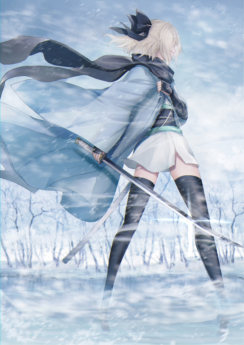 blonde_hair fate/grand_order fate_(series) highres japanese_clothes kimono marumoru okita_souji_(fate) okita_souji_(fate)_(all) scarf short_hair weapon wind