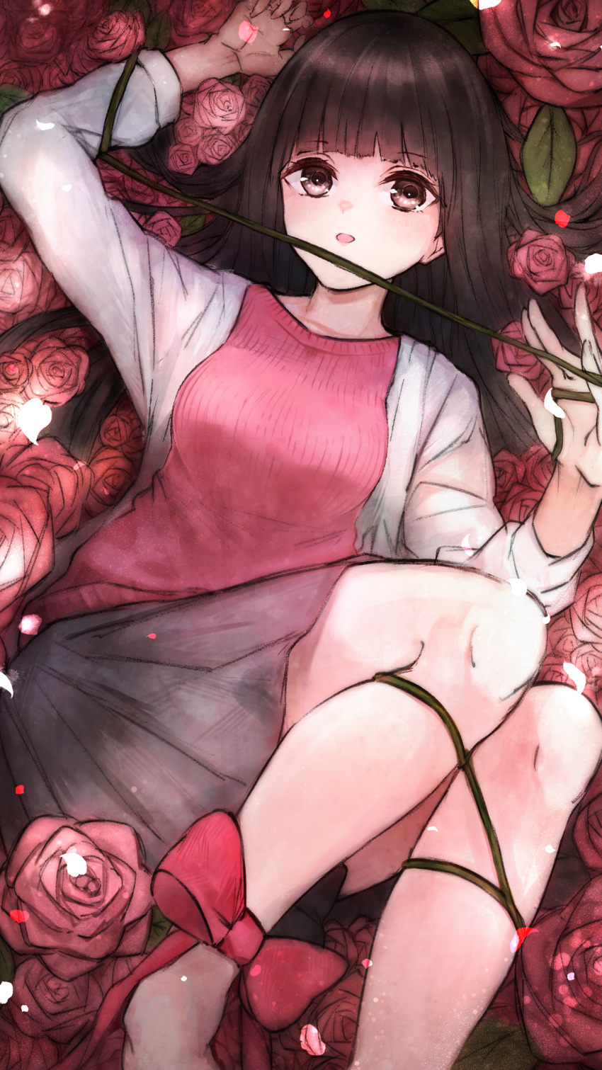 1girl bangs blunt_bangs blush bow brown_eyes brown_hair brown_skirt flower highres long_hair long_sleeves looking_at_viewer lying on_back original petals pink_bow pink_flower pink_rose rose skirt solo ta938_ka23