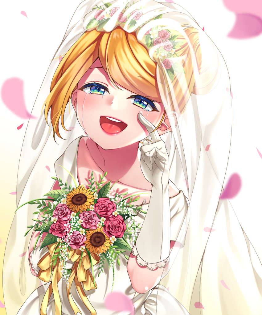 1girl absurdres aqua_eyes backlighting blonde_hair blurry blurry_foreground bouquet bridal_veil bride collarbone crying depth_of_field dress elbow_gloves flat_chest flower flower_wreath gloves hair_flower hair_ornament half-closed_eyes happy_tears head_wreath highres inu8neko jewelry kagamine_rin lipstick looking_at_viewer makeup open_mouth petals pink_flower pink_rose ribbon rose smile solo streaming_tears sunflower tears veil vocaloid wedding_dress white_dress wiping_tears yellow_ribbon