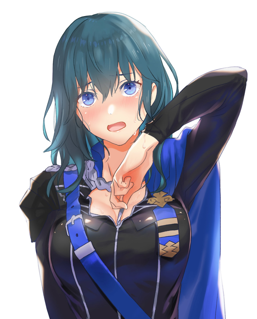 1girl asao_(vc) blue_cape blue_eyes blue_hair byleth_(fire_emblem) byleth_eisner_(female) cape cosplay dimitri_alexandre_blaiddyd dimitri_alexandre_blaiddyd_(cosplay) fire_emblem fire_emblem:_three_houses garreg_mach_monastery_uniform highres open_mouth simple_background solo sweat uniform upper_body white_background zipper