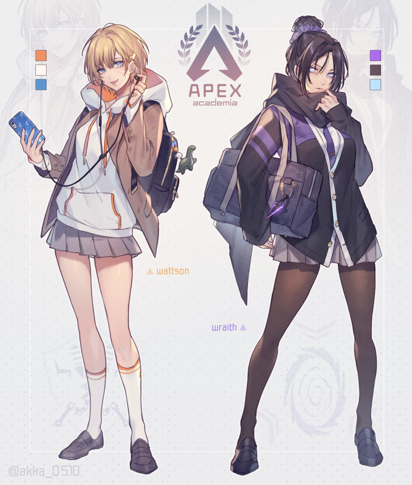2girls adapted_costume apex_legends arrow_(symbol) backpack bag bangs black_footwear black_hair black_jacket black_legwear black_scarf blonde_hair blue_eyes breasts brown_jacket buttons cellphone character_name closed_mouth color_guide commentary copyright_name earphones earphones full_body grey_background grey_skirt highres jacket keychain light_blue_eyes long_sleeves looking_at_viewer medium_breasts miniskirt mizutama_(mao11260510) multiple_girls necktie open_clothes open_jacket pantyhose parted_bangs phone pleated_skirt purple_neckwear scarf scrunchie shoes short_hair shoulder_bag simple_background skirt smartphone smile socks standing thighs tongue tongue_out topknot twitter_username wattson_(apex_legends) white_hoodie white_legwear wraith_(apex_legends) zoom_layer
