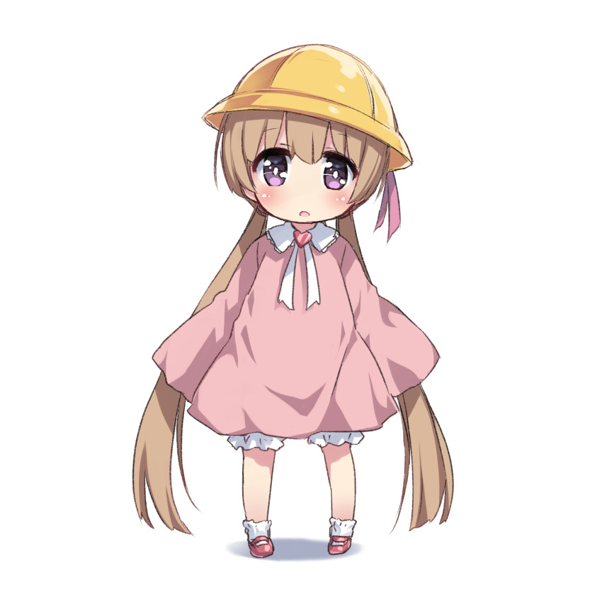 1girl absurdres bloomers brown_hair child dress full_body hat highres kindergarten_uniform long_hair low_twintails mary_janes open_mouth pink_dress pink_eyes pink_footwear ribbon school_hat shoes short_dress simple_background sleeves_past_wrists socks solo tamase_tama tsukuyomi_ai twintails underwear very_long_hair voiceroid white_background white_footwear yellow_headwear