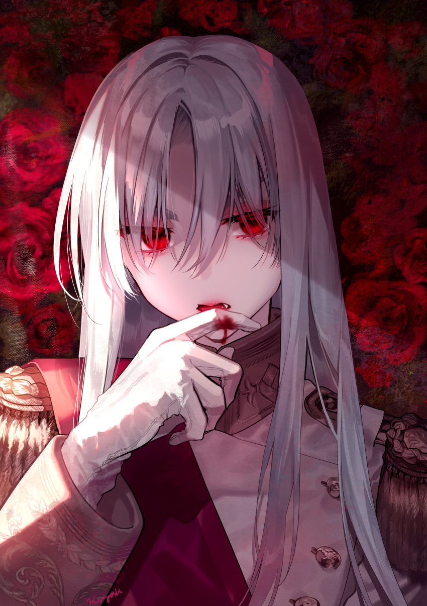 1boy absurdres bishounen blood bloody_clothes bloody_hands eyes_visible_through_hair face fang finger_licking florists_daisy flower gloves highres ivan_iv_(florists_daisy) licking long_hair male_focus original parted_lips red_eyes red_flower red_rose rose solo tongue uniform upper_body vampire white_gloves white_hair