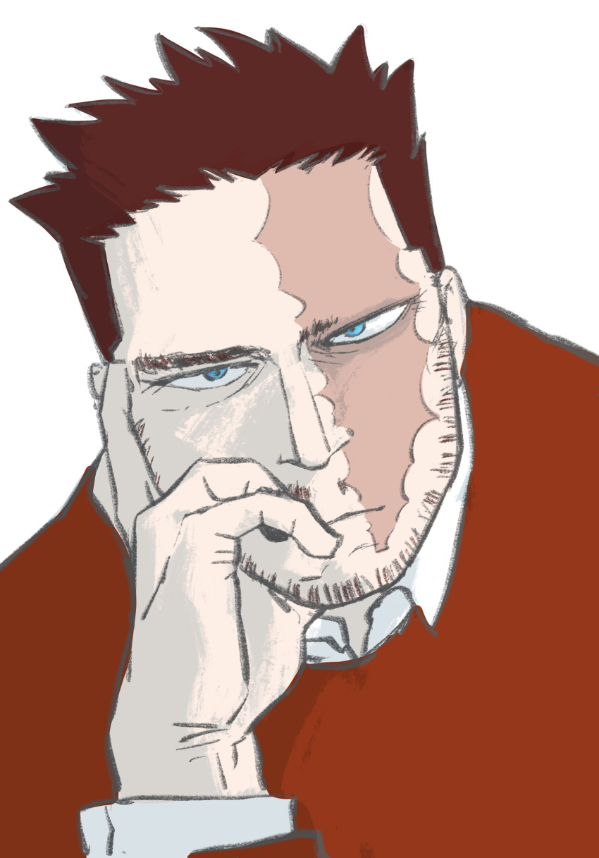 1boy alternate_costume artist_request beard beard_stubble boku_no_hero_academia bored collared_shirt endeavor_(boku_no_hero_academia) facial_hair highres jitome looking_at_viewer male_focus mature_male red_sweater scar scar_across_eye shirt short_hair sideburns solo spiky_hair stubble sweater thick_eyebrows upper_body