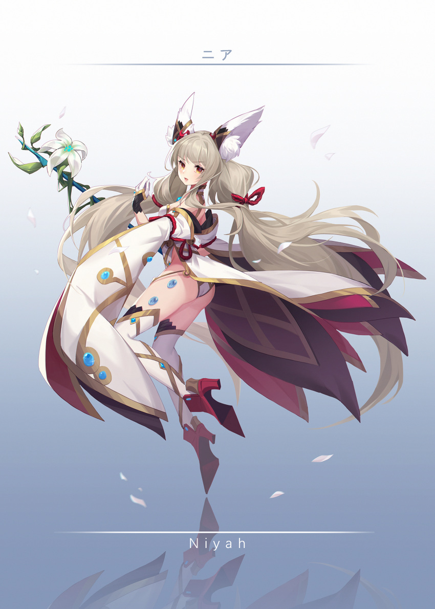 1girl animal_ear_fluff animal_ears ass bangs bare_shoulders blue_background blush breasts cat_ears cat_girl character_name commentary_request detached_sleeves eyebrows_visible_through_hair flower from_behind full_body gem gloves gradient gradient_background hair_ribbon high_heels highleg highleg_leotard highres holding holding_sword holding_weapon huge_filesize leotard long_hair long_sleeves looking_at_viewer looking_back low_twintails mage-meng niyah niyah_(blade) open_mouth orange_eyes petals red_footwear red_ribbon reflection ribbon small_breasts solo spoilers sword thigh-highs twintails v-shaped_eyebrows very_long_hair weapon white_flower white_gloves white_legwear white_leotard wide_sleeves xenoblade_(series) xenoblade_2