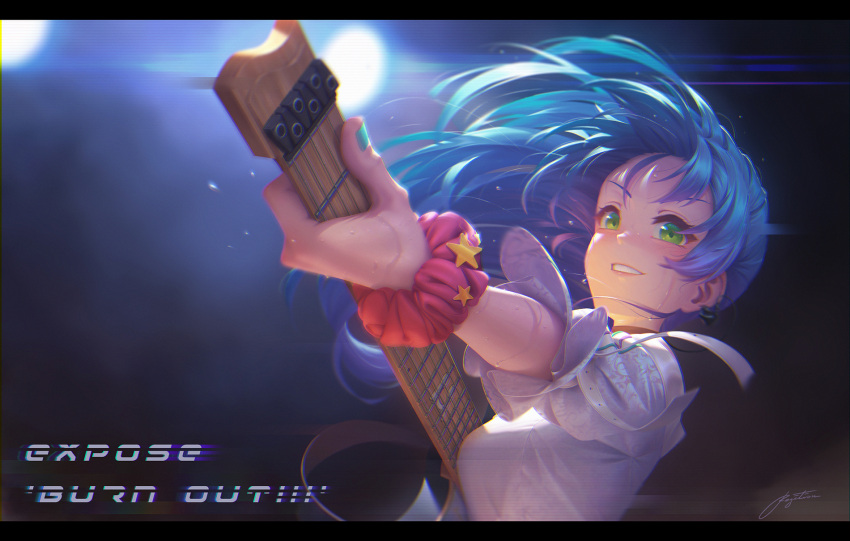 1girl asahi_rokka bang_dream! bangs blue_hair blue_nails green_eyes highres long_hair open_mouth regition scrunchie shirt short_sleeves teeth white_shirt wrist_scrunchie