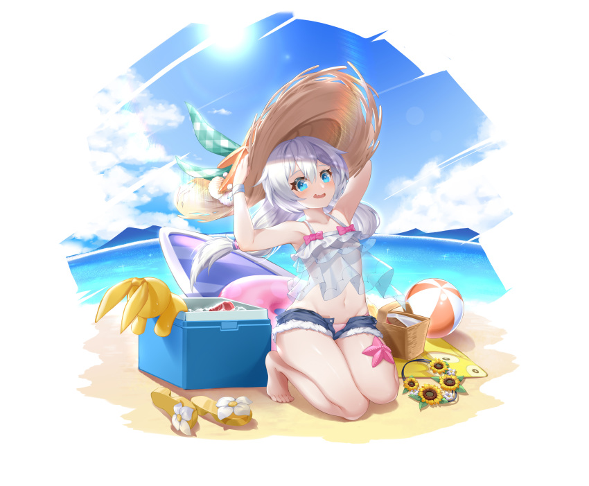 1girl absurdres arms_up ball beach beachball blue_shorts brown_footwear commentary_request cooler cutoffs day flower groin hands_on_headwear hat hat_ribbon highres homu_(honkai_impact) honkai_(series) honkai_impact_3rd long_hair mo_ying_yu mountain navel open_clothes open_fly open_shorts outdoors plaid plaid_ribbon ribbon sand sandals sandals_removed see-through short_shorts shorts silver_hair solo starfish straw_hat stuffed_animal stuffed_bunny stuffed_toy sun sunflower theresa_apocalypse very_long_hair water white_flower yellow_flower