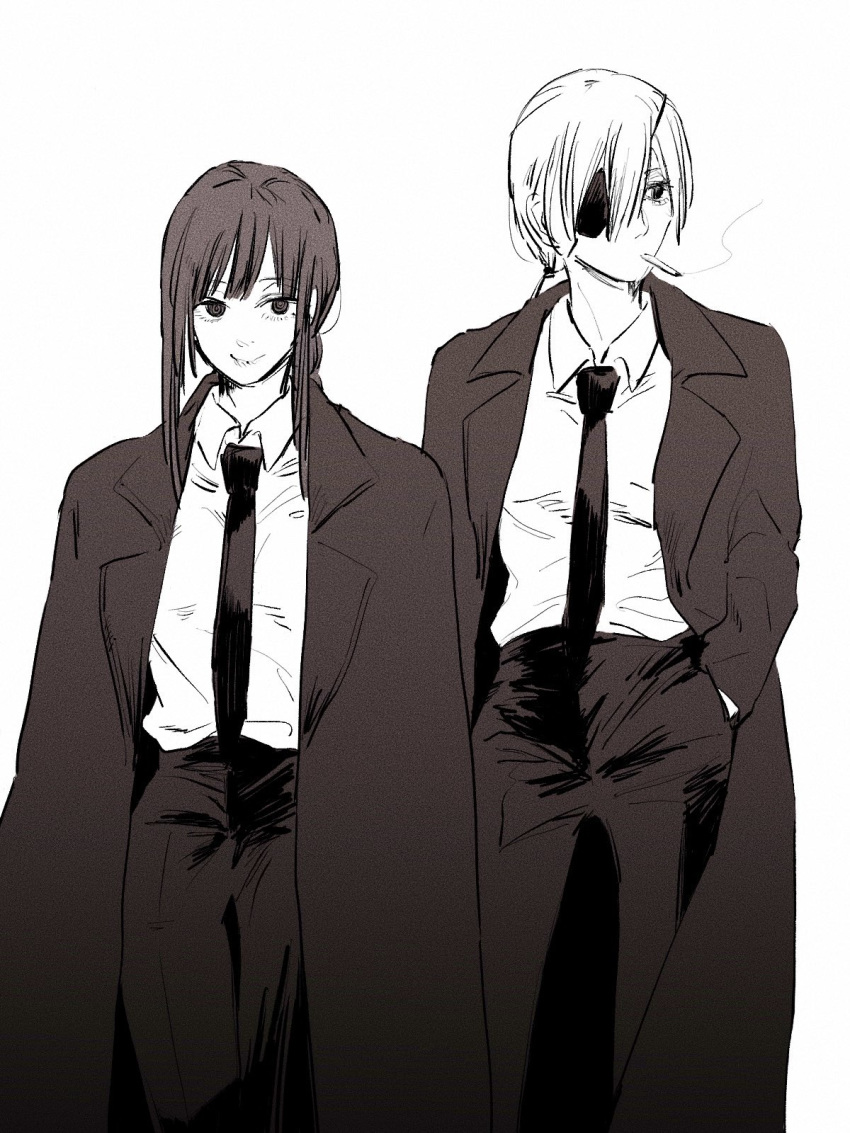 2girls bkw69tama black_jacket black_neckwear black_pants braid braided_ponytail breasts business_suit chainsaw_man cigarette expressionless eyebrows_visible_through_hair eyepatch formal hair_between_eyes height_difference highres jacket light_smile long_hair long_jacket looking_at_viewer looking_to_the_side makima_(chainsaw_man) medium_breasts medium_hair monochrome multiple_girls necktie pants quanxi_(chainsaw_man) ringed_eyes shirt shirt_tucked_in smile smoking suit tomboy white_background white_shirt