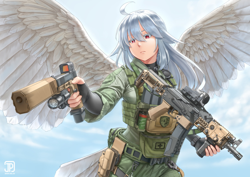 1girl ahoge angel angel_wings assault_rifle bangs colored_eyelashes english_commentary expressionless gun handgun jpc long_hair original pistol pointing_weapon red_eyes rifle sidelocks silver_hair solo weapon weapon_request wings