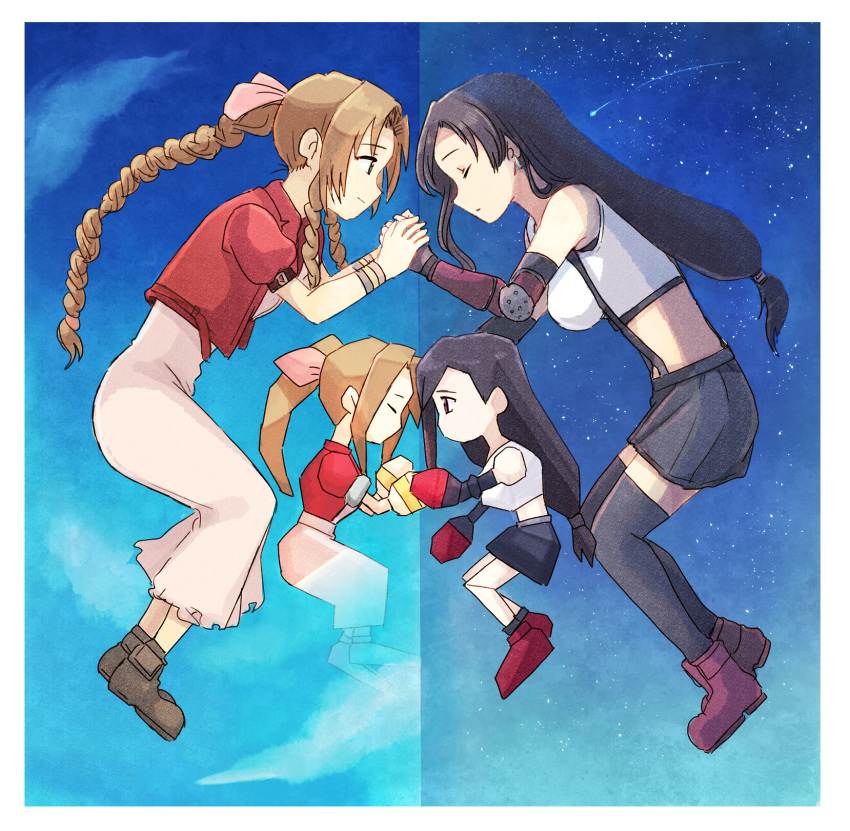 2girls aerith_gainsborough arm_guards black_hair black_legwear black_skirt bow braid braided_ponytail brown_footwear brown_hair closed_eyes commentary crop_top drill_hair dual_persona elbow_gloves final_fantasy final_fantasy_vii final_fantasy_vii_remake gloves hair_bow highres jacket long_hair looking_at_another low-tied_long_hair multiple_girls polygonal red_footwear red_jacket skirt suspenders tank_top thigh-highs tifa_lockhart tsubobot twin_drills