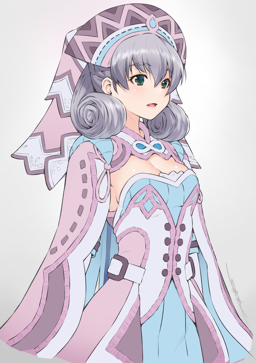1girl bangs blush breasts cape curly_hair dress gradient gradient_background green_eyes grey_background hat head_wings highres kazuma_muramasa long_hair melia parted_lips purple_cape purple_dress purple_headwear silver_hair small_breasts xenoblade_(series) xenoblade_1