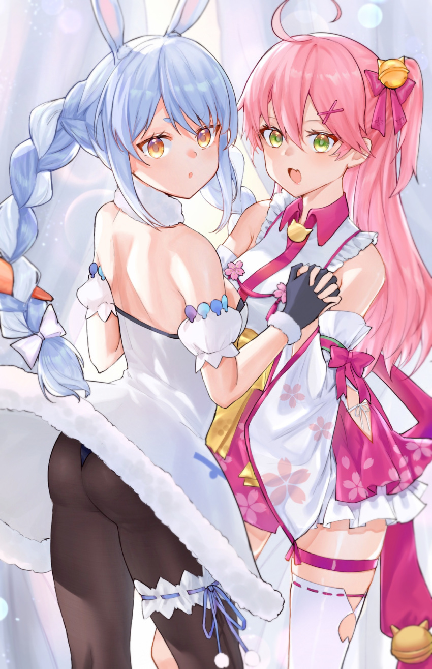 2girls :d :o ahoge animal_ears ass bare_back bell black_gloves black_legwear blue_hair braid breasts curtains detached_sleeves dress gloves green_eyes hair_bell hair_ornament highres holding_hands hololive leg_strap lims_(neko2lims) multiple_girls nontraditional_miko open_mouth pantyhose pink_hair rabbit_ears sakura_miko side_ponytail skindentation smile thigh-highs twin_braids usada_pekora virtual_youtuber white_legwear yellow_eyes